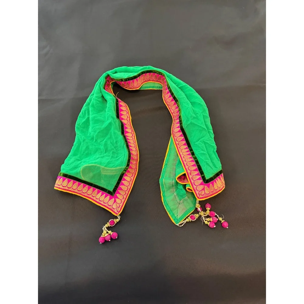 Green Dupatta Scarf Pink Gold Embroidered Border Tassels Traditional Ethnic Wear